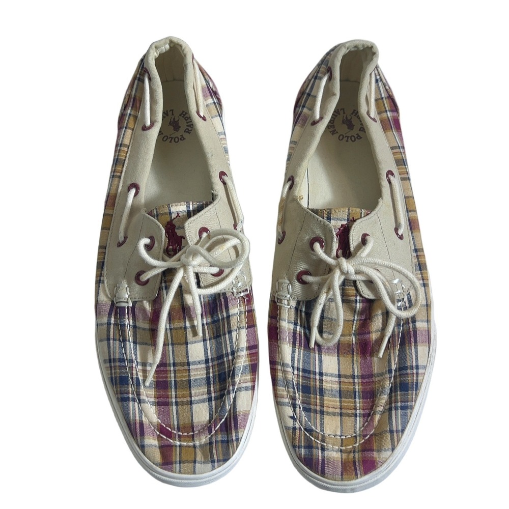 Polo Ralph Lauren Plaid Canvas Boat Shoes Multicolor Preppy Loafers Size 13D